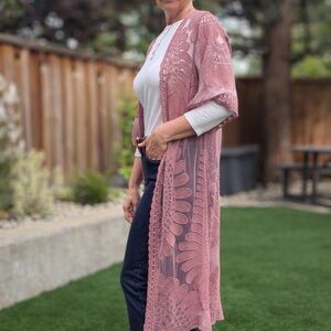 Rebellion Again Mauve Lace Kimono Duster Sheer Boho Festival Cardigan Size L